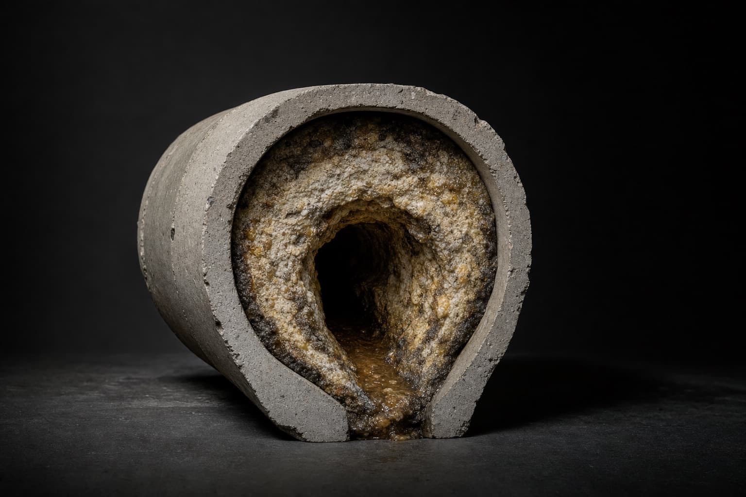 Une coupe de canalisation béton ancienne dont l’intérieur est réduit par une couche épaisse de gras et de tartre