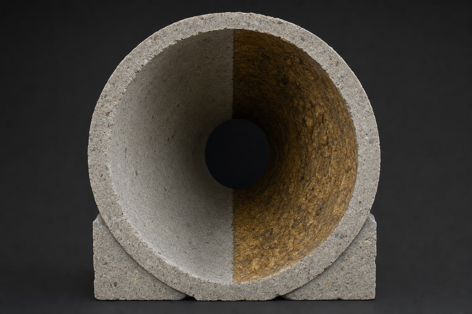 La même coupe à moitié curée, la moitié gauche décapée jusqu’au béton nu, la droite encore encroûtée