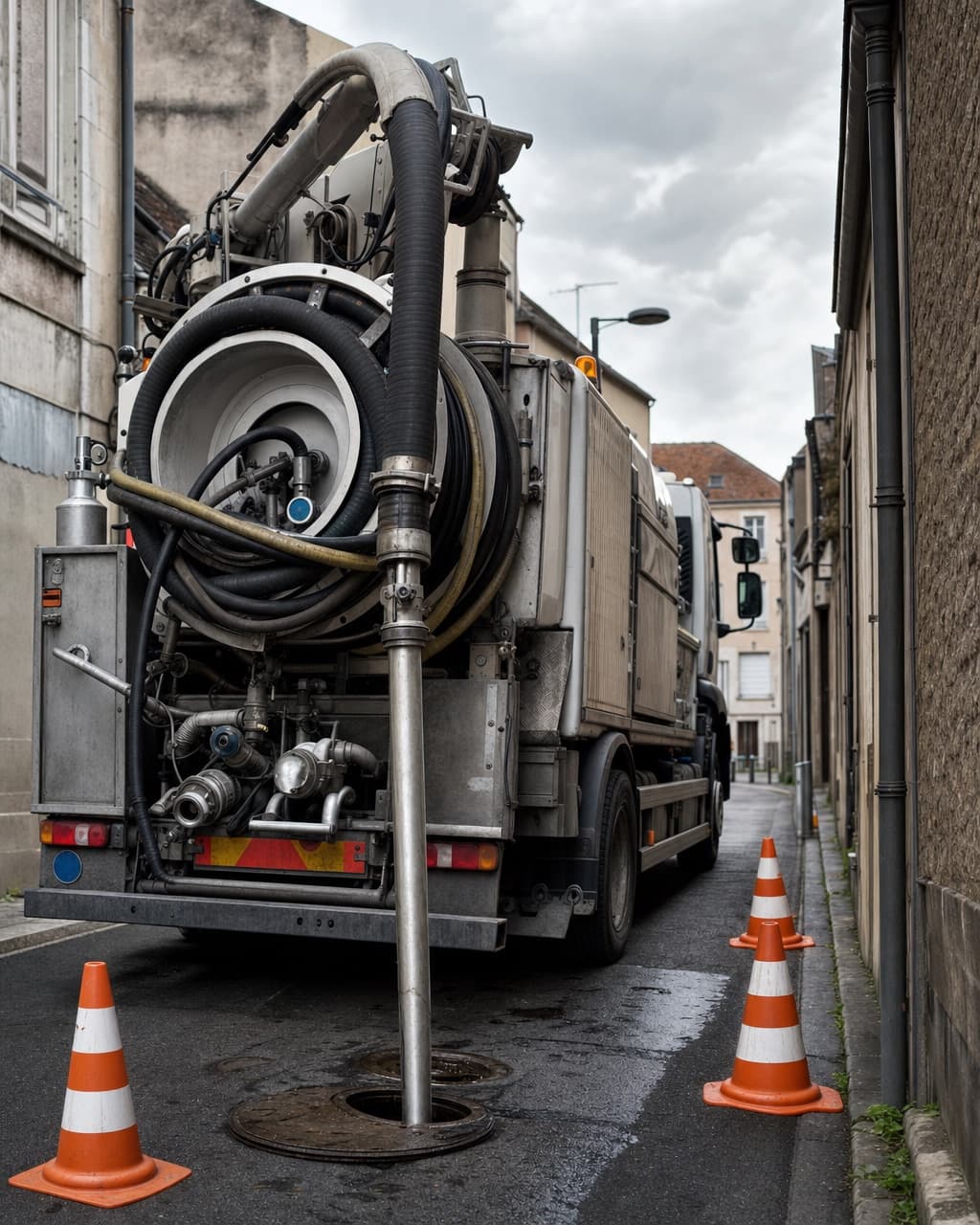 Un camion hydrocureur stationné dans une rue étroite, son enrouleur de flexible et sa lance visibles