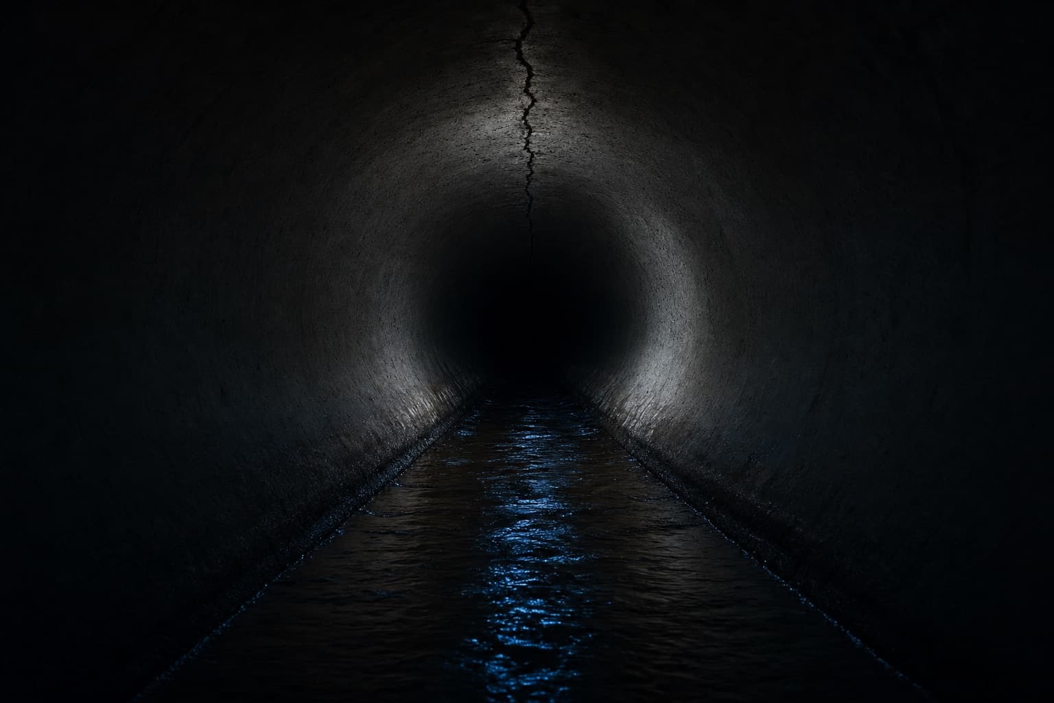 L’intérieur d’une canalisation béton, une fissure au ciel de la conduite éclairée par un seul faisceau
