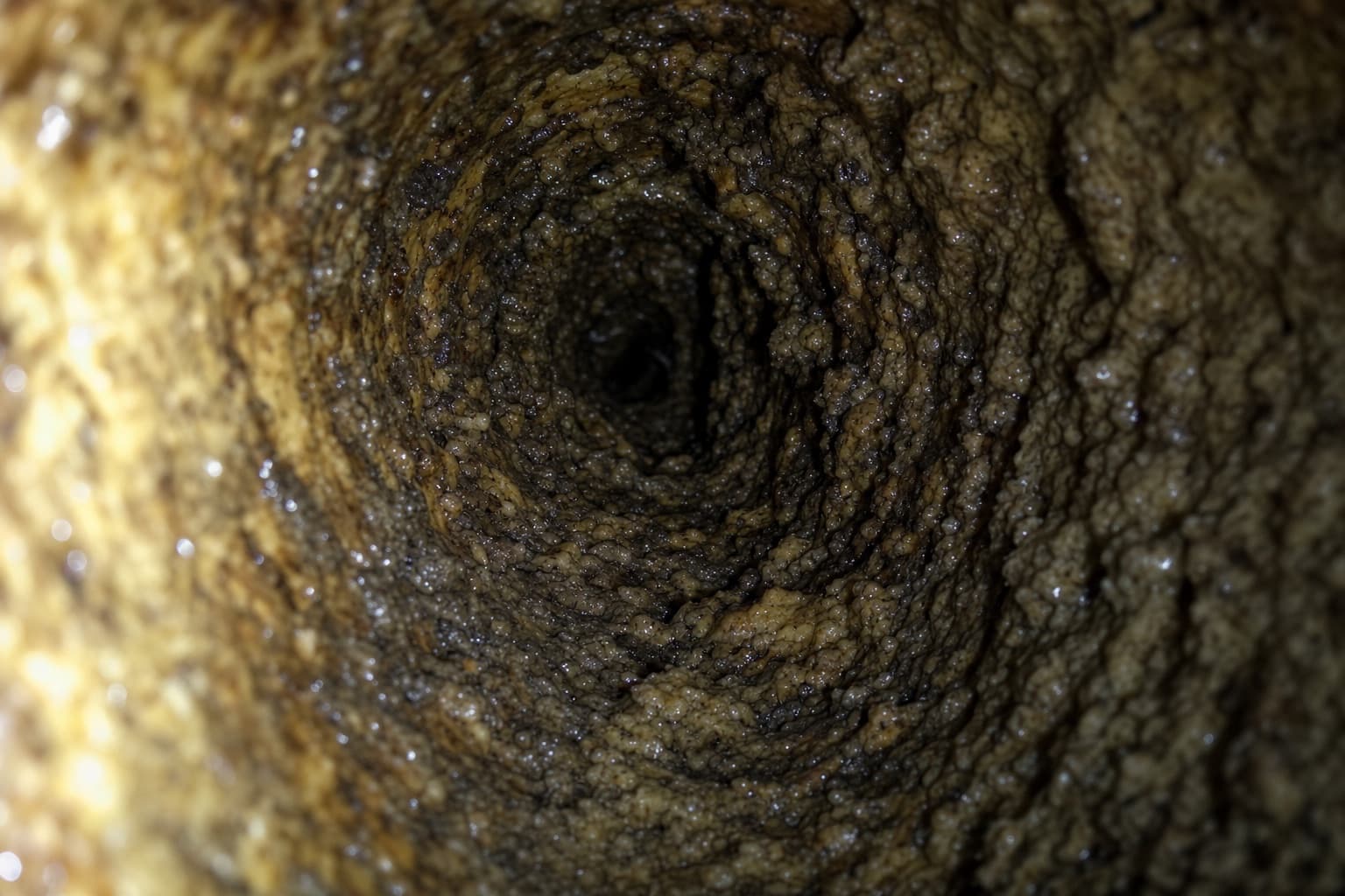 Un dépôt épais de graisse et de calcaire dans une canalisation, la section réduite à une fraction