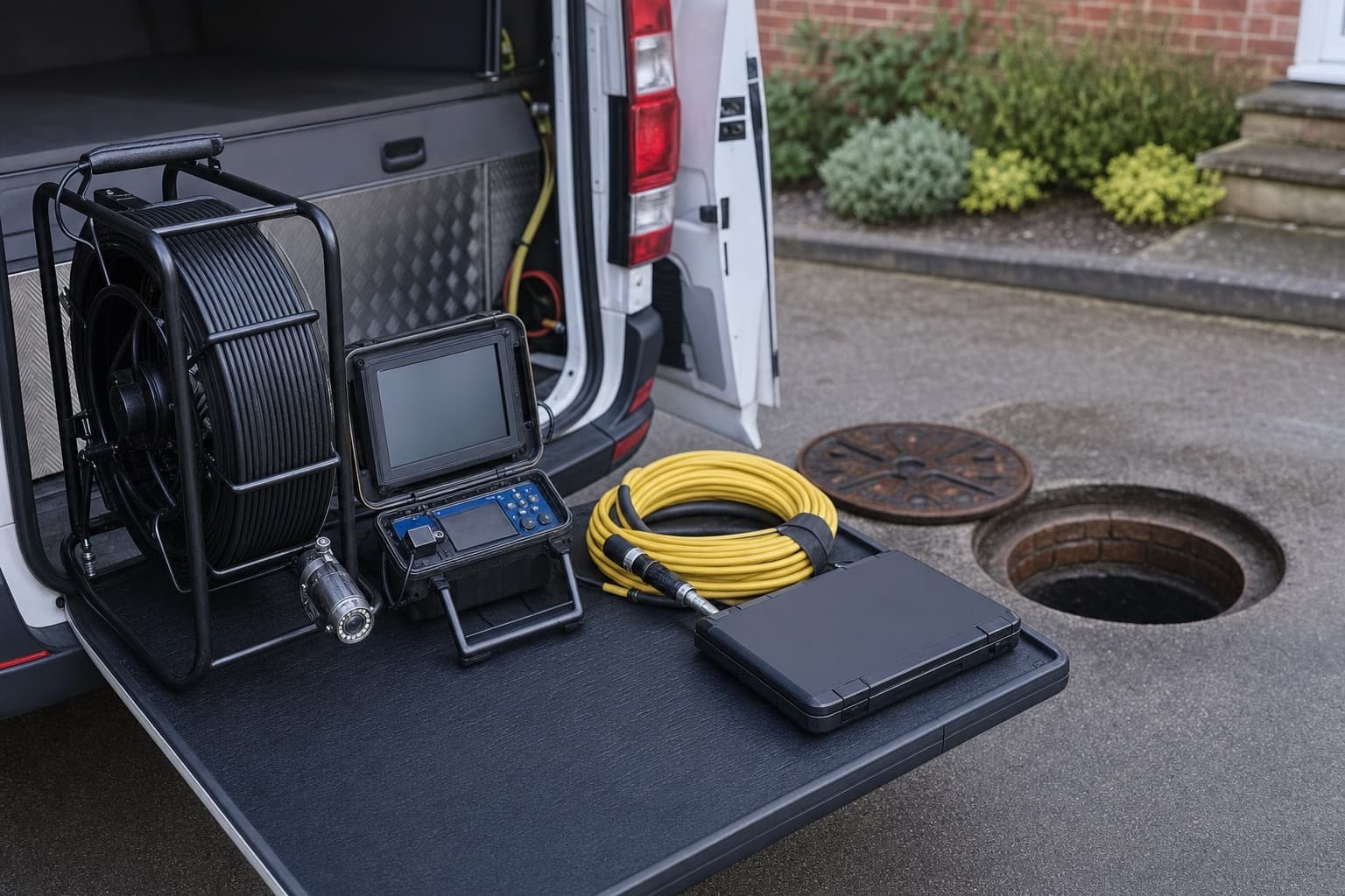 Un poste d’inspection à l’arrière d’un fourgon : enrouleur, compteur de câble, jet enroulé