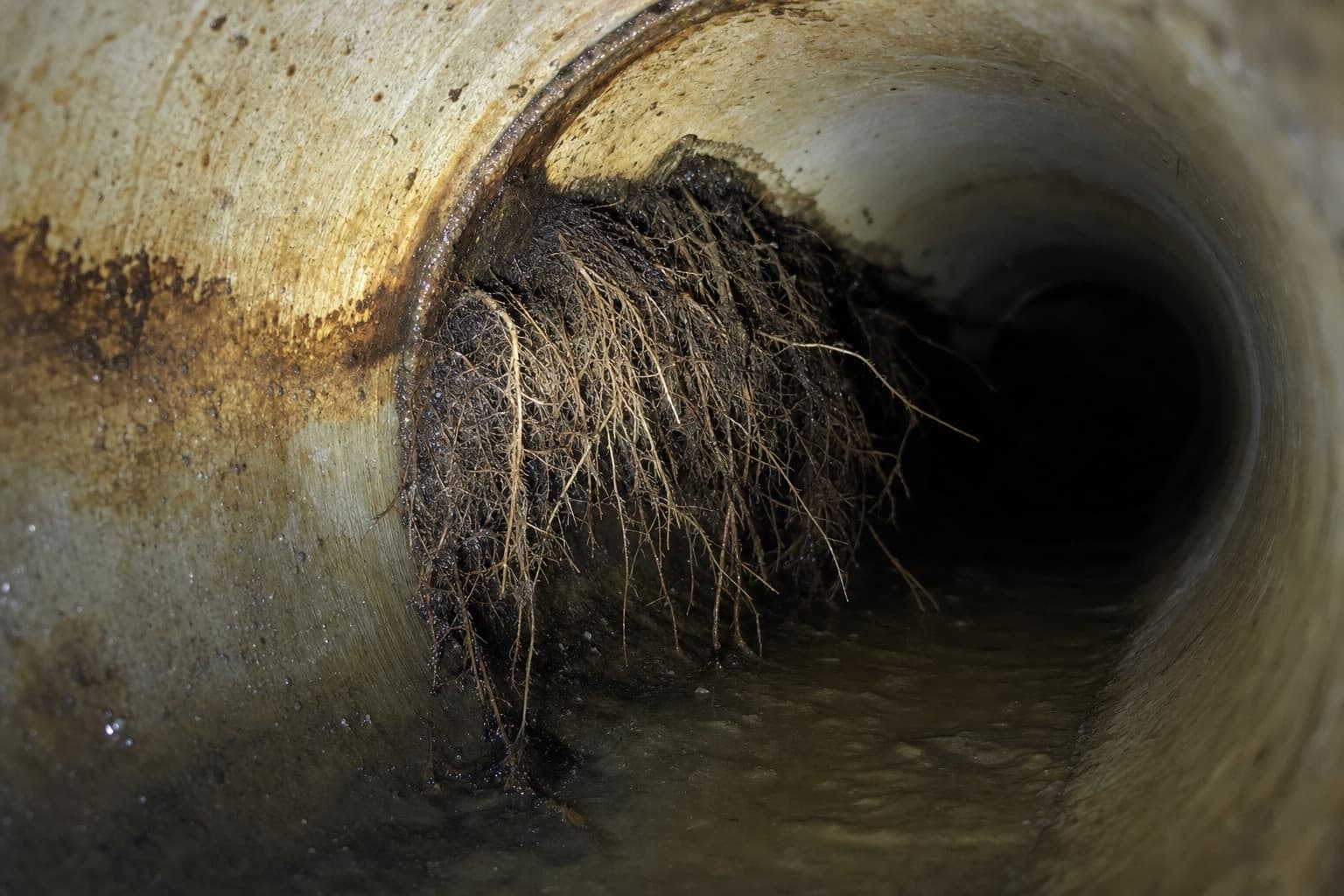 Des racines fines entrées par un joint de canalisation et pendant dans le flux, la paroi tachée autour, éclairées par la lampe de la caméra