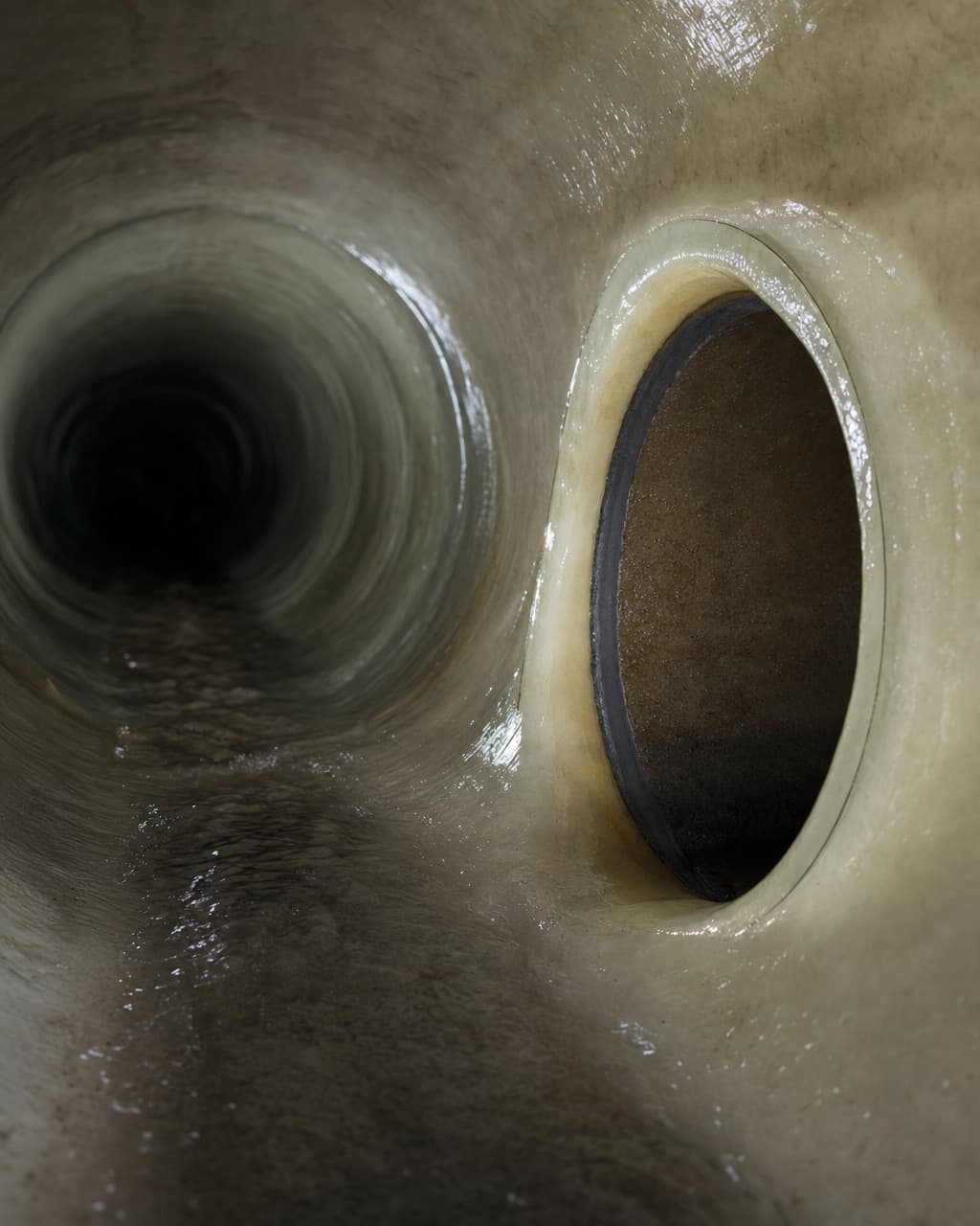 Un raccordement de branchement vu de l’intérieur d’une canalisation chemisée, l’ouverture recoupée nettement dans la résine claire