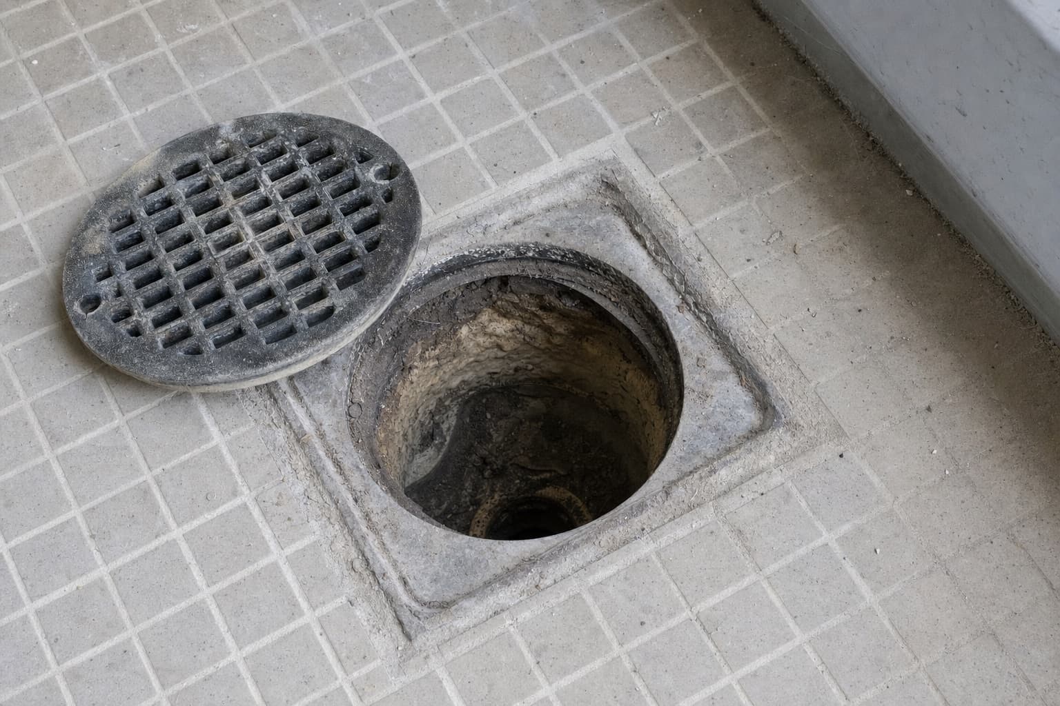 Une bonde de sol dont la grille est retirée, le siphon visible et à sec en dessous